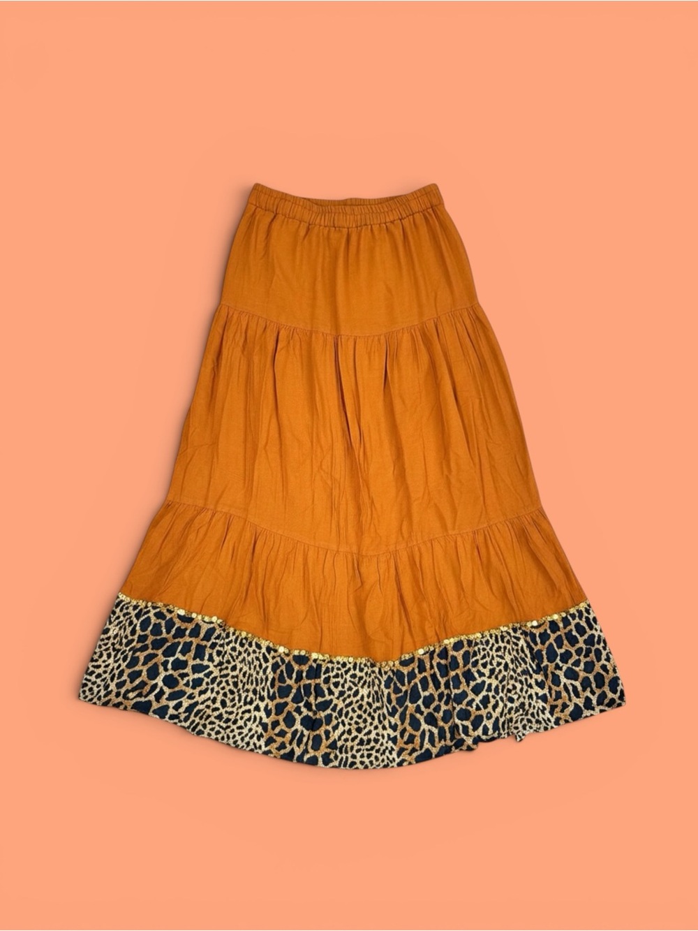Women's Tiered Rust Maxi Skirt with Leopard Hem